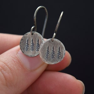 Pine Tree Earrings, Sterling Silver Round Discs with Evergreens, Oxidized, Christmas Trees, Woodland Nature Handmade Rustic Jewelry Gift