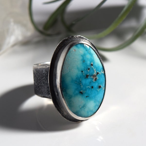 Big Turquoise Ring | Sterling Silver Statement Ring | White Water Turquoise Textured Wide Band, Bohemian Rustic Jewelry, Eco Friendly Boho