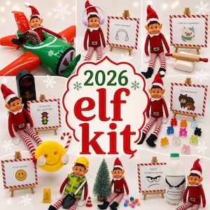 May include: A 2026 elf kit featuring a posable elf doll in a red and white outfit, an inflatable green airplane, miniature wooden easels with printed activity cards, a yellow smiley face sponge, a construction vest, and small colorful bear candies.