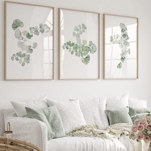 Vintage botanical print set Eucalyptus wall art Watercolor leaves Sage green wall art Triptych wall art Set of 3 wall prints green leaf
