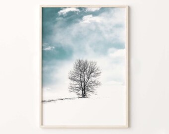 Snowy Tree Winter Landscape Print, Holiday Wall Art (Digital Download)