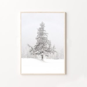 Snowy tree print White Pine Tree Evergreen Christmas Wall Art Winter Wonderland Neutral Christmas Snow White winter landscape Holiday print