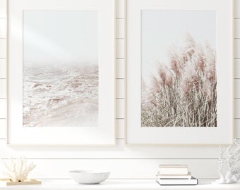 Pampas Grass and Ocean Print Set, Coastal Style Photography (Digital Download)