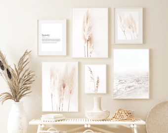 Neutral Pampas Grass Print Set, Coastal Beige & Grey Art (Digital Download)
