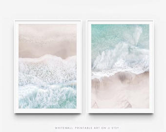 Aerial beach print set of 2,Ocean print set,Beach Wall Art,Beach print set 2,Neutral print set,Sea print set,Printable wall art,Waves print