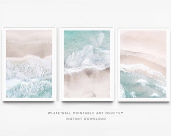 Aerial beach print set of 3,Ocean print set,Beach Wall Art,Beach print set 3,Neutral print set,Sea print set,Printable wall art,Waves print