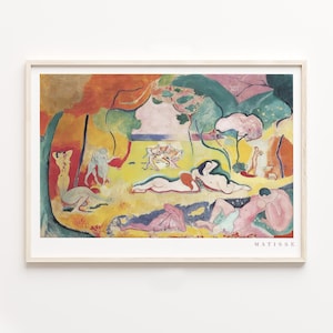 Puede incluir: Una pintura colorida de Henri Matisse que representa figuras en un paisaje. Las figuras están desnudas y están dispuestas en una pose relajada e informal. El fondo es una mezcla vibrante de verdes, amarillos y naranjas, con un toque de azul en la distancia. La pintura está titulada "MATISSE" en la esquina inferior derecha.