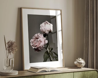 Dark Floral Peony Print, Moody Botanical Wall Decor (Digital Download)