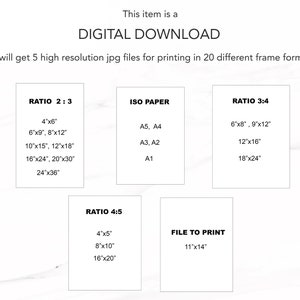 May include: A digital download graphic showing 20 different frame sizes for printing photos. The sizes are listed in inches and include ratios of 2:3, 3:4, and 4:5. The graphic also includes standard ISO paper sizes, such as A5, A4, A3, A2, and A1.