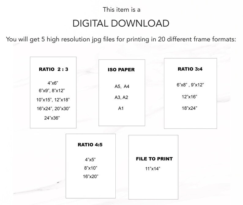 May include: A digital download graphic showing 20 different frame sizes for printing photos. The sizes are listed in inches and include ratios of 2:3, 3:4, and 4:5. The graphic also includes standard ISO paper sizes, such as A5, A4, A3, A2, and A1.