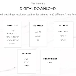 May include: A digital download graphic showing 20 different frame sizes for printing photos. The sizes are listed in inches and include ratios of 2:3, 3:4, and 4:5. The graphic also includes standard ISO paper sizes, such as A5, A4, A3, A2, and A1.