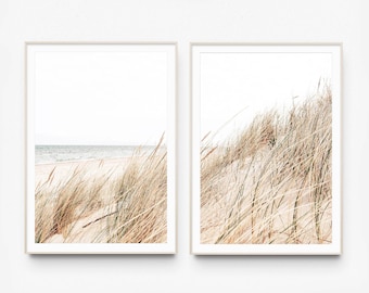 May include: Two framed prints of a beach scene with tall grass blowing in the wind. The left print shows the ocean in the distance, while the right print shows a close-up of the grass.