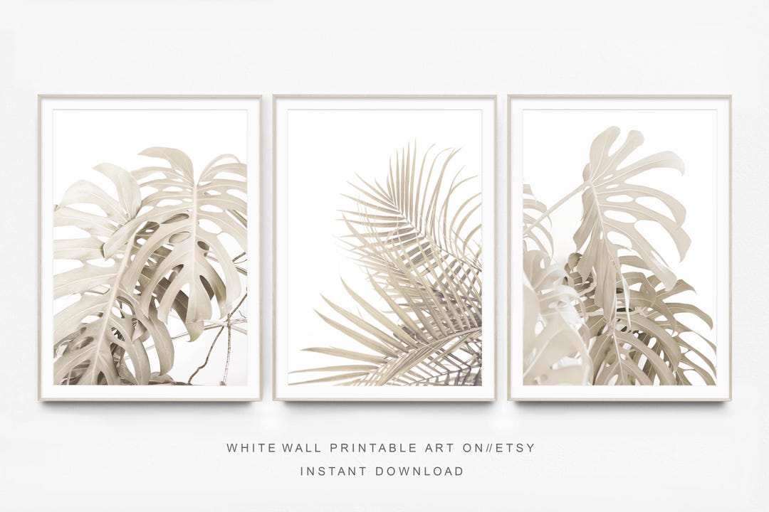 Triptych Palm Leaf Print Set, Beige Tropical Wall Art (digital Download ...