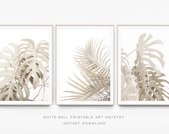 May include: Set of three printable wall art prints featuring beige tropical leaves on a white background. The prints are perfect for a minimalist or modern home decor style.