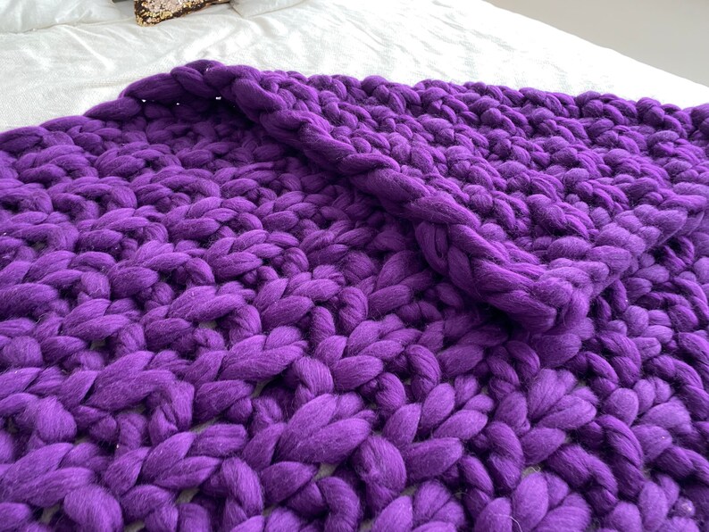 Purple Chunky knit blanket Chunky knit throw merino wool Etsy