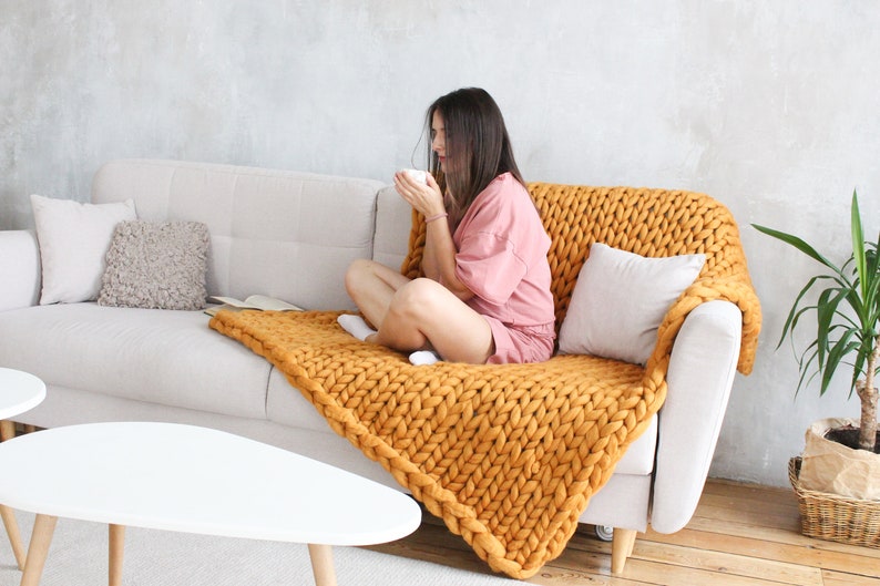 Home decor grandma gift Chunky knit blanket merino wool Big throw blanket