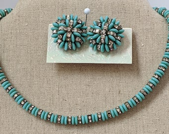 Vogue Demi Parure Turquoise Color Beads with White Rhinstone Choker & Earrings Set