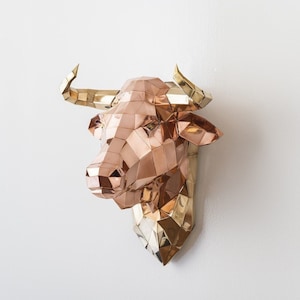 metal big bull sculpture, wall artwork, cow head model, copper brass object, restaurant decoration, stuffed animal ,built-to-order