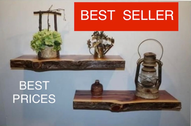 May include: Two rustic wooden shelves with live edge details. The top shelf has a small potted plant and a metal watering can. The bottom shelf has a small brown vase and an antique oil lamp. The text "BEST SELLER" is displayed in red at the top of the image. The text "BEST PRICES" is displayed in white at the bottom of the image.