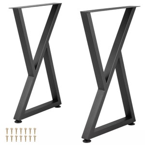 May include: Two black metal table legs with a criss-cross design. The legs are made of sturdy metal and have a black powder-coated finish. The legs are designed to be attached to a tabletop.