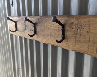 Railroad Spike Coat Rack – Rustic Wall Mounted Oak Rack with Railroad Spike Hooks / Farmhouse Handmade / made in USA /Reclaimed Wood