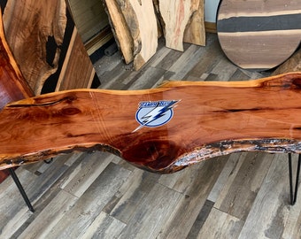 MAN CAVE Table, Live Edge Epoxy coffee Table / Bench cedar Coffee Ultimate SPORTS Bar top ,any team ,any Sport