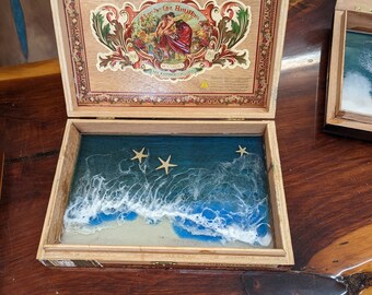 Epoxy ocean beach gift jewelry Cigar Box wood ring dish -Tropical Hawaii coastal beachy resin wave art- Hawaiian wedding
