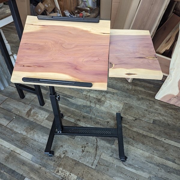 Rustic Live edge C table with casters / Adjustable height / End table / Side table / Solid wood / Laptop desk