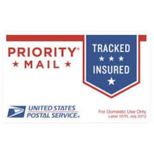 May include: A white label with a red and blue design. The label says "PRIORITY MAIL" with stars on either side. The label also says "TRACKED INSURED" with three stars. The label has the United States Postal Service logo and says "For Domestic Use Only" and "Label 107R, July 2013".