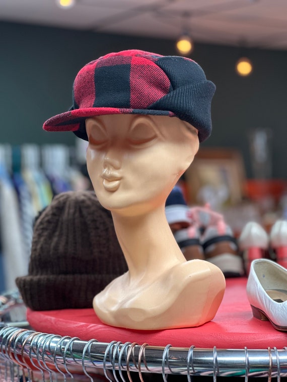 Vintage Flat Rim Black and Red Plaid Winter Hat w… - image 2