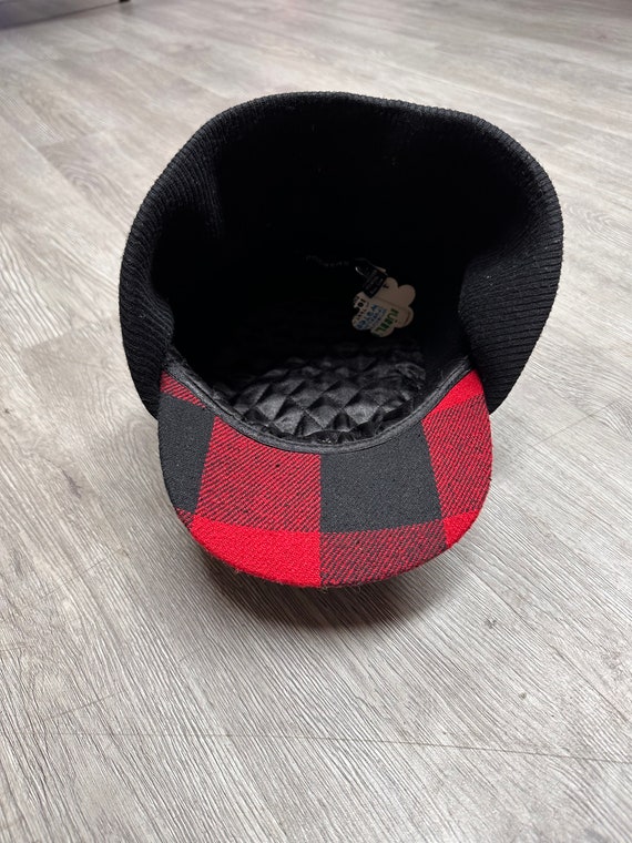 Vintage Flat Rim Black and Red Plaid Winter Hat w… - image 6