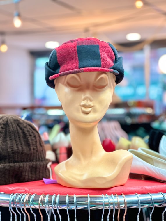 Vintage Flat Rim Black and Red Plaid Winter Hat w… - image 1