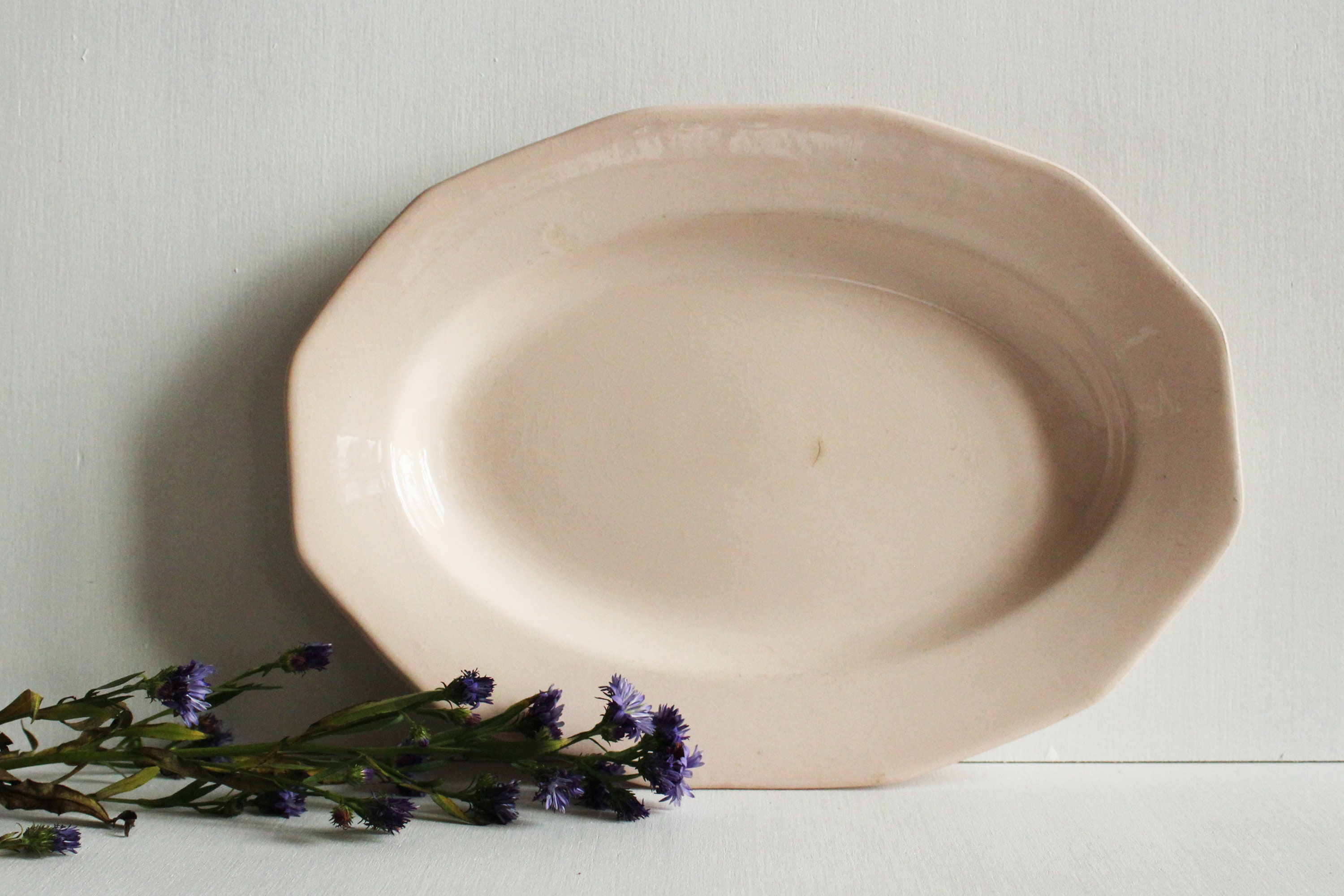 Plat de Service Antique en Faïence Française Rose Pâle/ French Earthenware Serving Dish Pale Pink