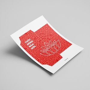 May include: Red paper envelope with a white lotus flower design and the text "CHUC MUNG NAM MOI!" in white.