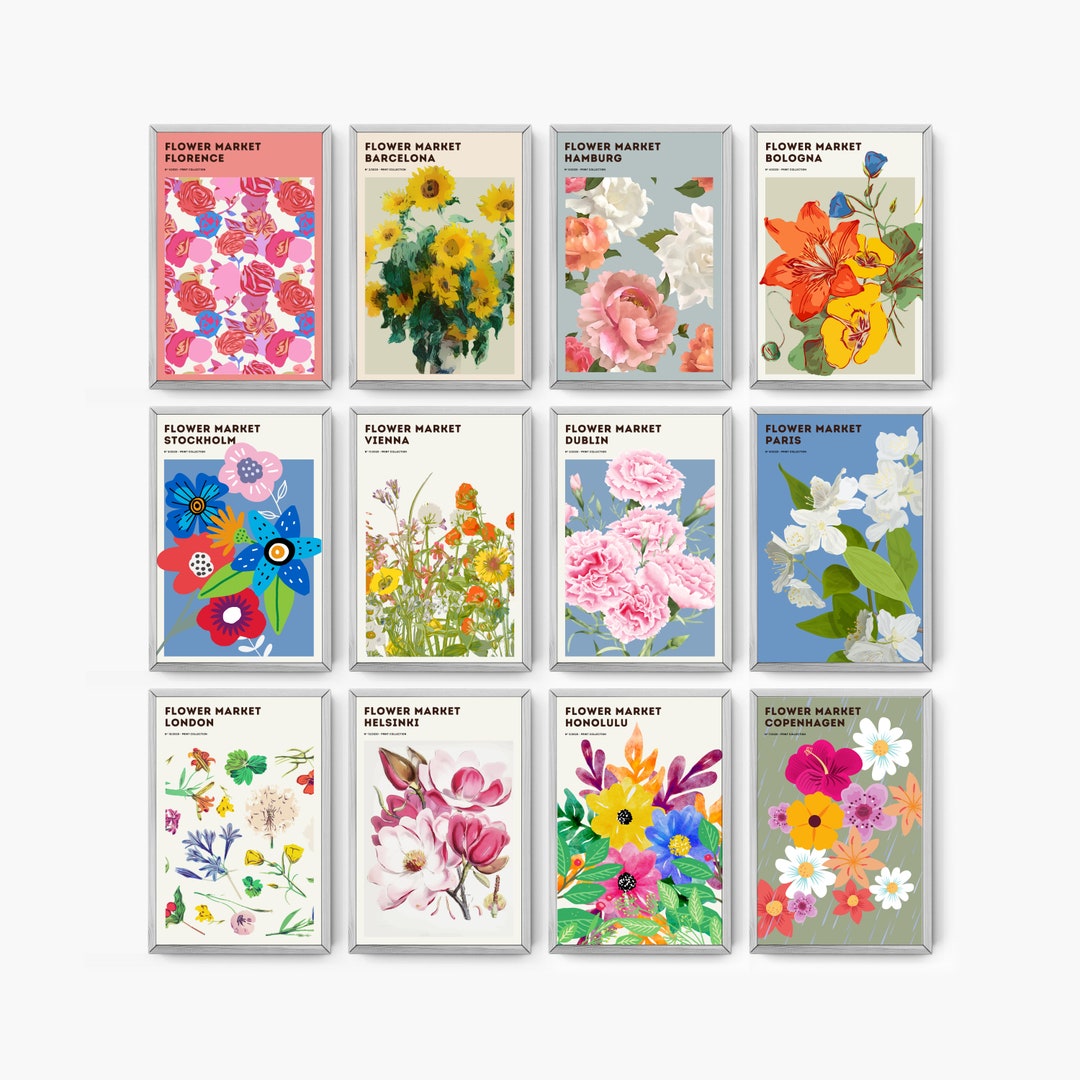 12 Flower Market Print SET of 12, Botanical Poster, Floral Print ...
