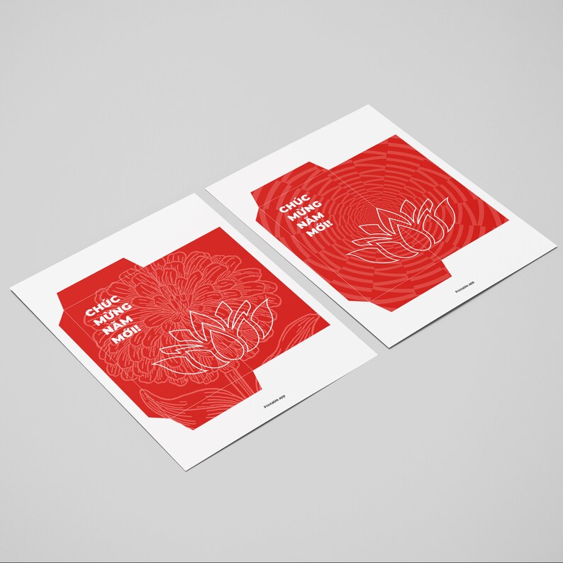 May include: Printable red and white paper craft for a red envelope with a lotus flower design and the text "Chuc Mung Nam Moi!" which translates to "Happy New Year!" in Vietnamese.