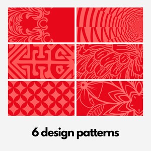 May include: Six red and white design patterns. The patterns include a floral design, a geometric design, a swirl design, and a cross design.