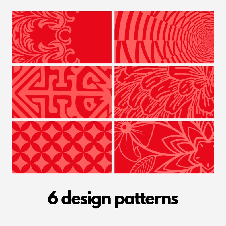 May include: Six red and white design patterns. The patterns include a floral design, a geometric design, a swirl design, and a cross design.