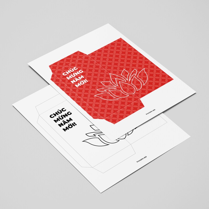 May include: Printable red and white paper template for a traditional Chinese New Year red envelope with a lotus flower design and the text "Chuc Mung Nam Moi!" which translates to "Happy New Year!"