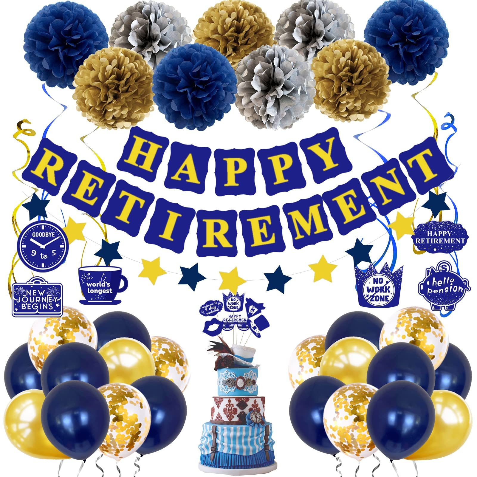 Blue Gold Retirement Party Decorations Supplies Kit Banner -  Denmark