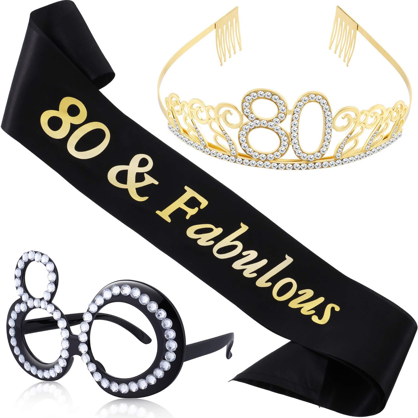 80th Birthday Party Decorations Tiara Sash Golden Crystal