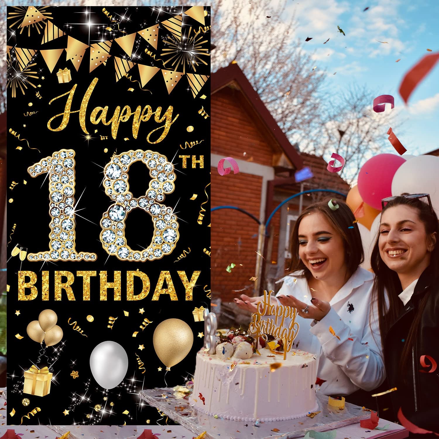 1 pieza 18 años Decoración de cumpleaños Banner , negro & rosa dorado foto  Fondo , elegante fiesta adorno Fondo, Mode de Mujer