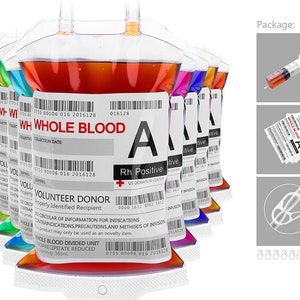 Blood Bag Drink Cups Set + Syringe Labels Clips Halloween Vampire Zombie Nurse Graduation Hospital Theme Party [10 Bags Drink] [11.5 FL Oz]