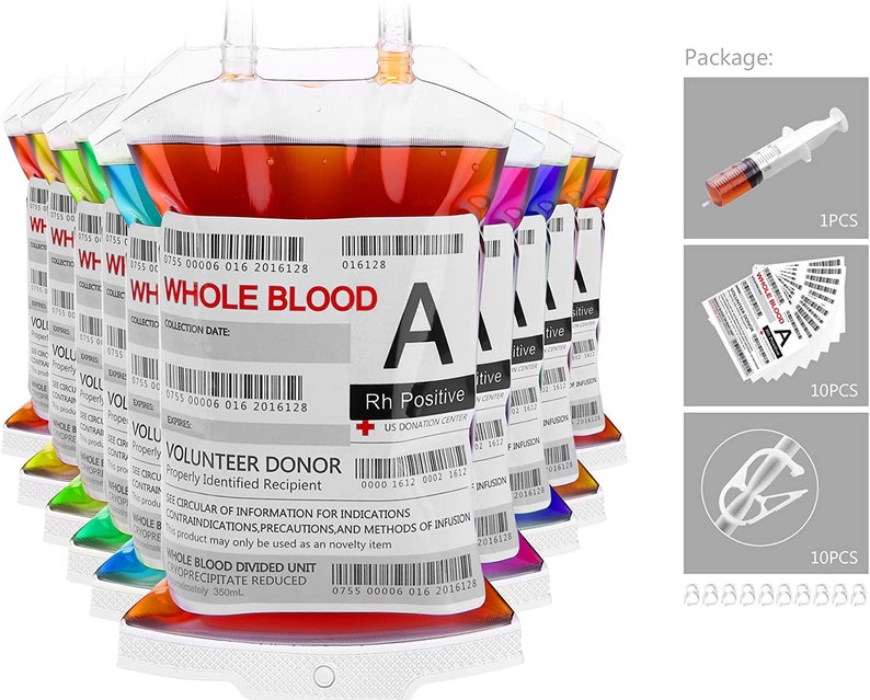 Blood Bag Drink Cups Set + Syringe Labels Clips Halloween Vampire Zombie Nurse Graduation Hospital Theme Party [10 Bags Drink] [11.5 FL Oz] 