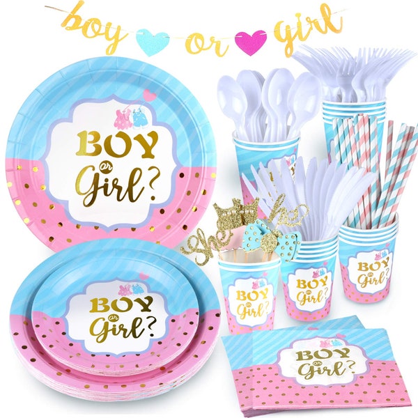 Gender Reveal Decor - 159 PCS Serves 16 Plates Napkins Cups Boy or Girl Banner Tablecloth Cake Topper Cutlery Straws G001