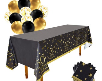 50th Birthday Party Decorations - Gold Black Waterproof Plastic Table Cover Balloons B005