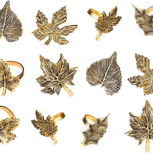 Set of 12 Thanksgiving Napkin Rings -Antique Gold Harvest Fall Leaf Christmas Dinner Parties Weddings Decorative Gift T003