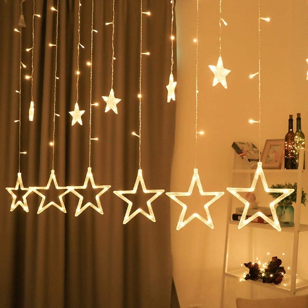 Warm White 12 Stars 138 LED Christmas Fairy Lights / String Lights - Curtain String Lights Bedroom, Waterproof Window Lights Ramadan c008