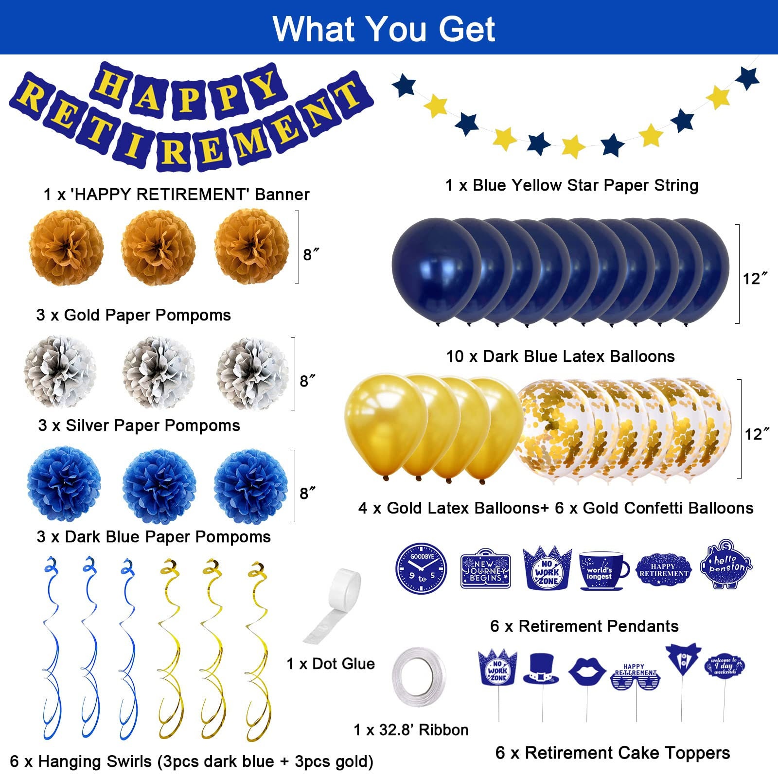 Blue Gold Retirement Party Decorations Supplies Kit Banner -  Denmark