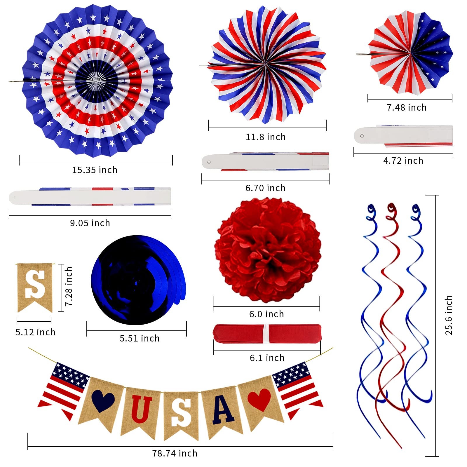 4th of July Decor 26pcs Banner Red White Blue Paper Fans Star